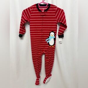 Carter's Festive Red Striped Footie with Penguin. Soft Cozy Holiday Christmas